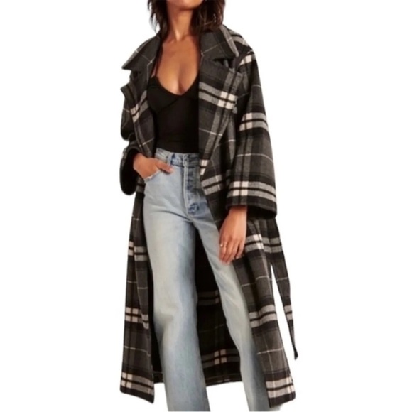 Abercrombie & Fitch Wool-Blend Belted Blanket Coat Plaid Gray Black Size XS Tall - Picture 1 of 9